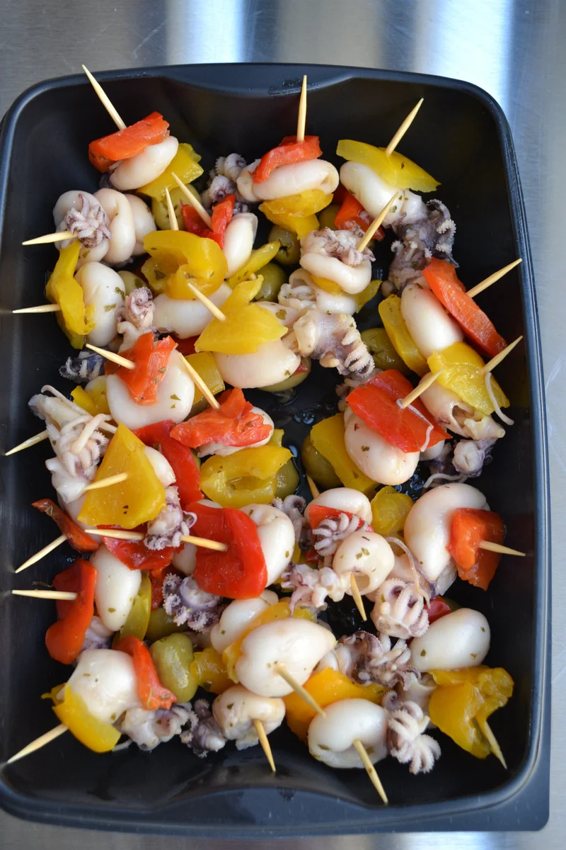 Riviera Sodipa baby cuttlefish, pepper and olive skewers